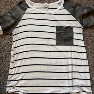 7th Ray Black and White Striped Tee with Camouflage Accents